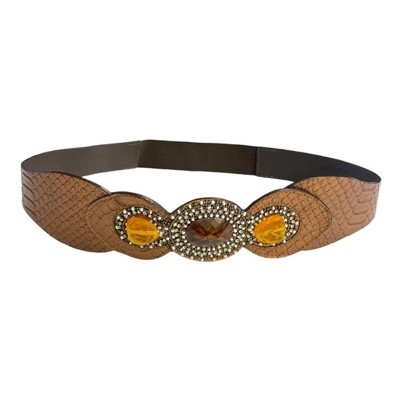 Chicos Brand Women’s Bronze Snake Brown Leather Belt Elastic Band Size Medium - Picture 1 of 15